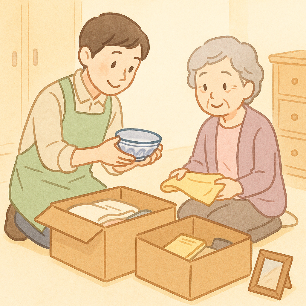 千葉市での生前整理の事例を示すイラスト。スタッフと依頼者が一緒になって整理している様子。