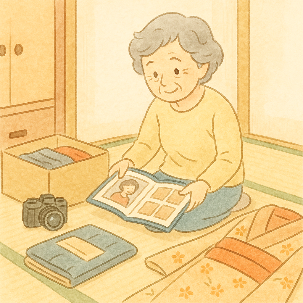 千葉市での生前整理をイメージしたイラスト。高齢の方がアルバムや着物を整理している様子。